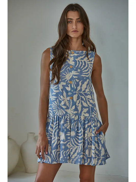 Resort Mini Dress - Blue Cream