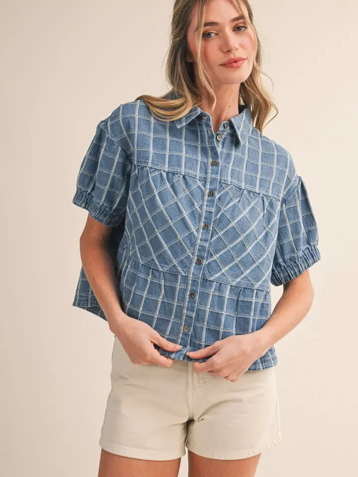 Checkered Denim Top - Light Blue