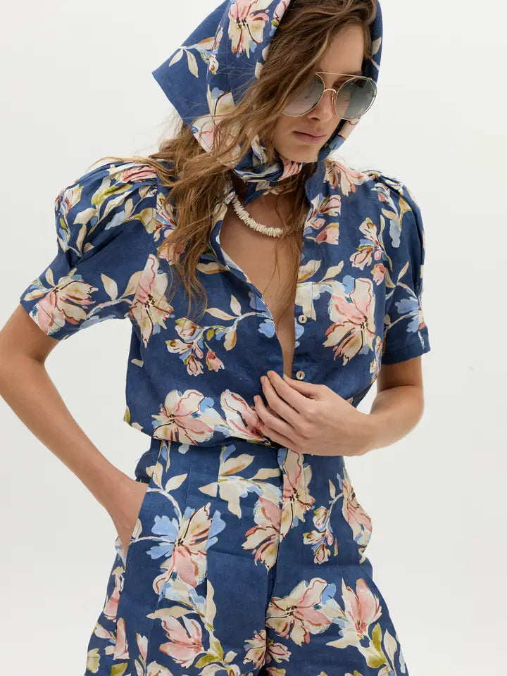 Athina Linen Shirt - Blue Poppy
