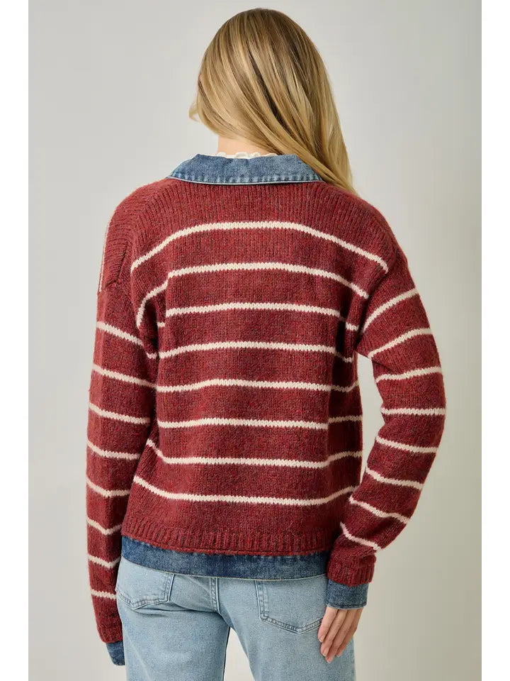 Striped Denim Hem Sweater Jacket - Chili