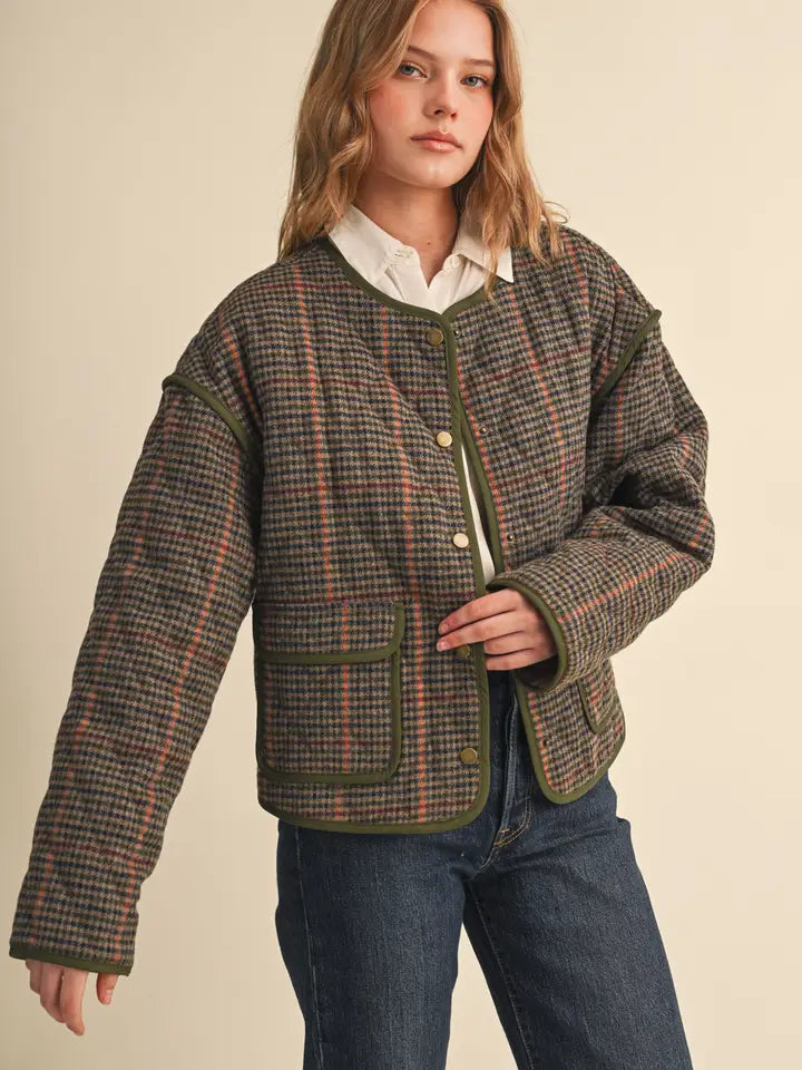 Houndstooth Jacket with Contrast Binding - Brown Multi Plaid