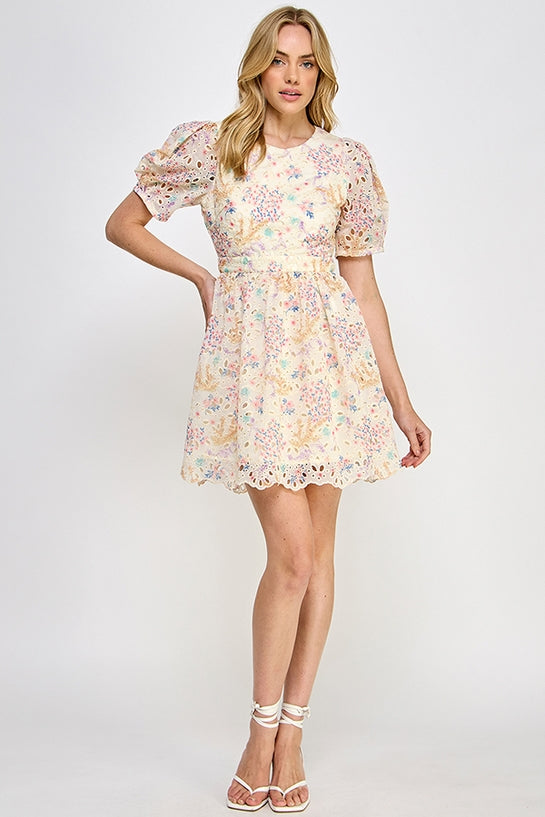 Floral Print Eyelet Mini Dress - Pink Multi