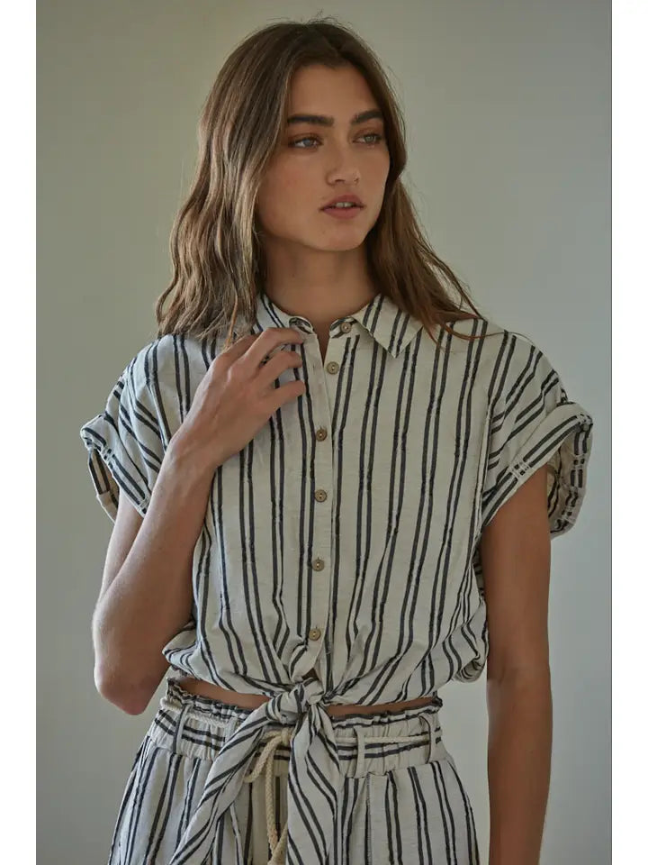 Striped Waist Tie Top - Linen Black