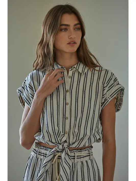 Striped Waist Tie Top - Linen Black