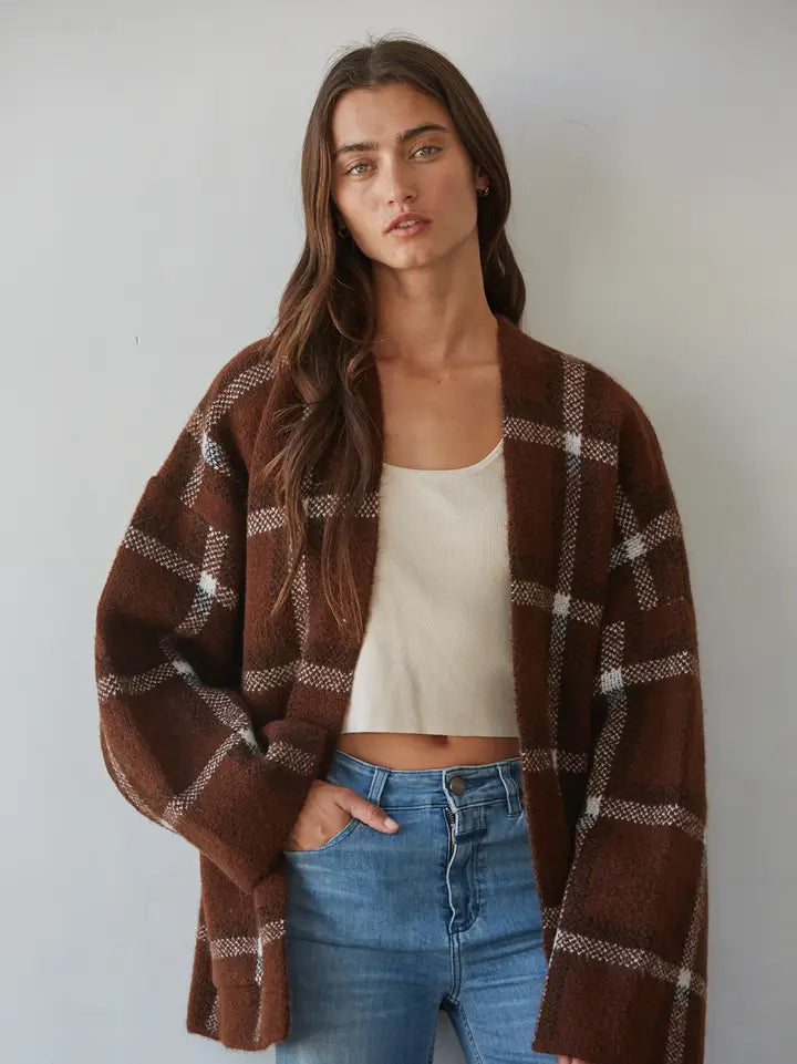Open Front Cardigan Top - Brown/White