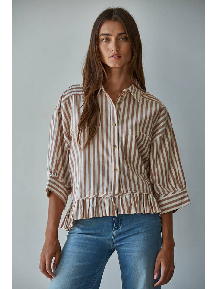 Ruffle Hem Button Down - Ivory/Rust
