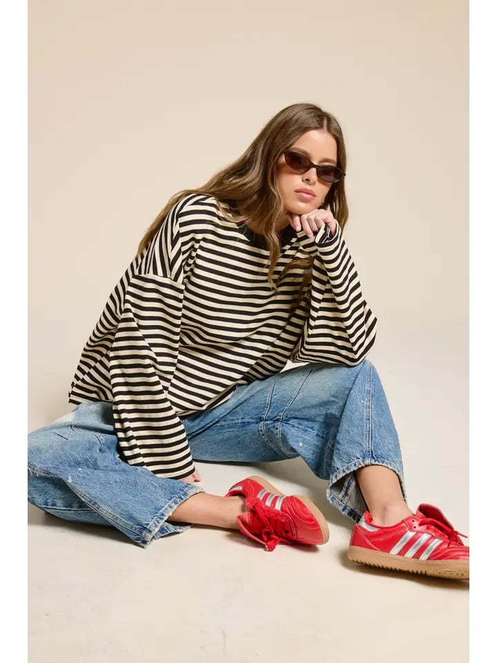 Striped Oversized Long Sleeve Top - Black