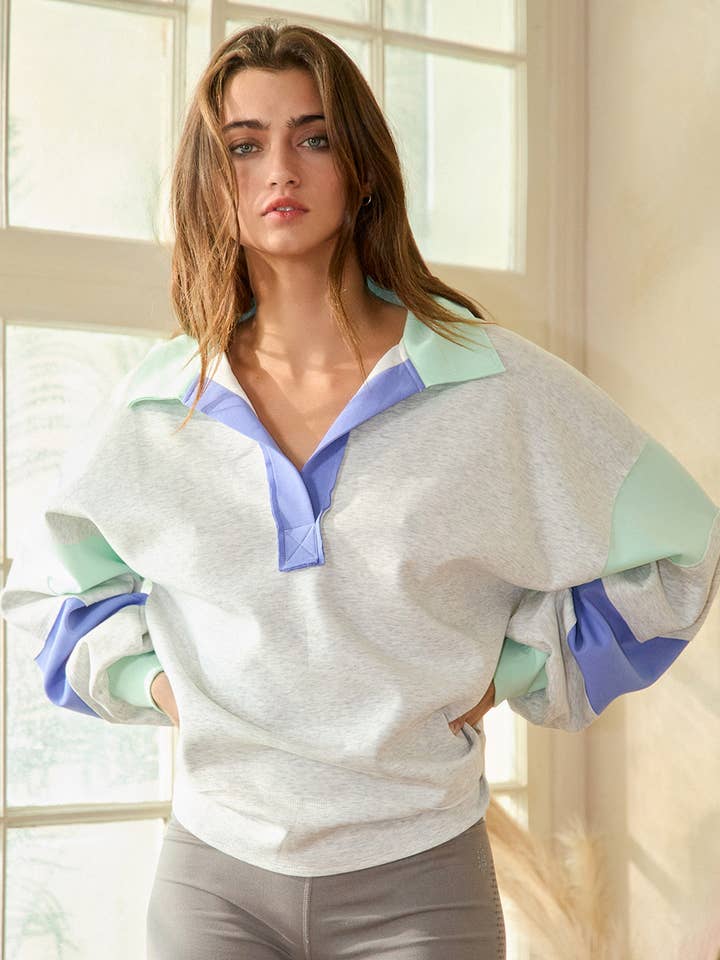 Color Block Rugby Top - Ash Grey/Mint