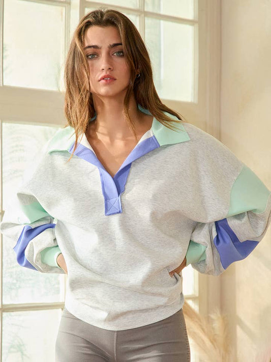Color Block Rugby Top - Ash Grey/Mint