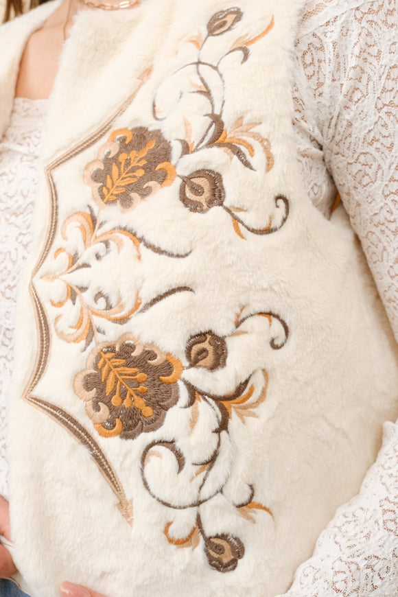 Western Embroidered Faux Fur Vest - Off White