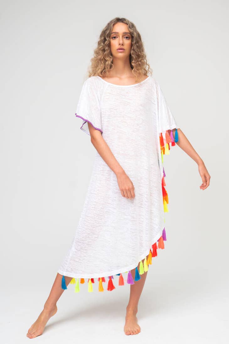 Rainbow Tassel Slit Dress - White