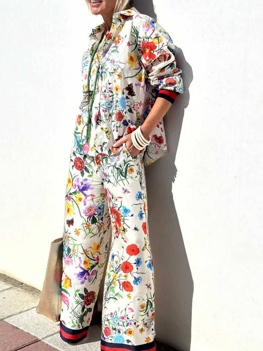 Floral Print Shirt and Trouser Set - White