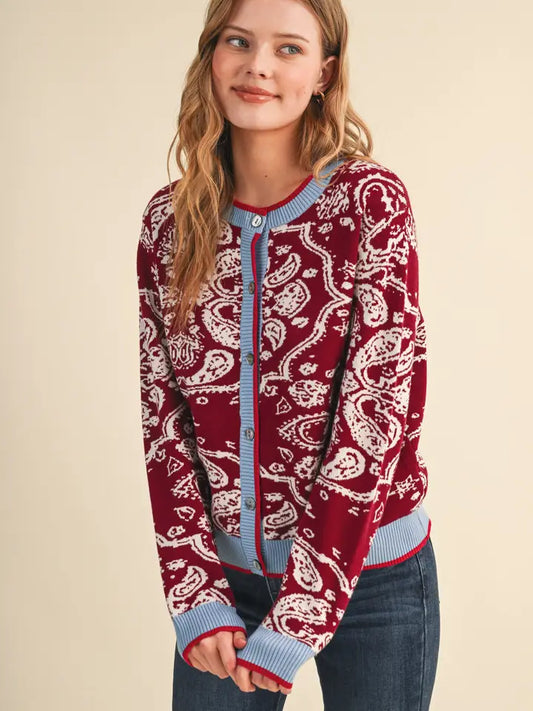 Paisley Contrast Cardigan - Burgundy Blue