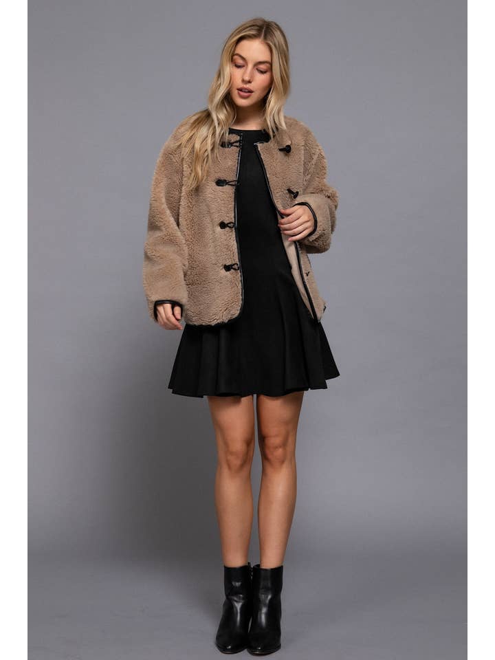 Crew Neck Teddy Jacket - Taupe