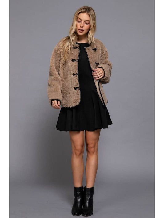 Crew Neck Teddy Jacket - Taupe