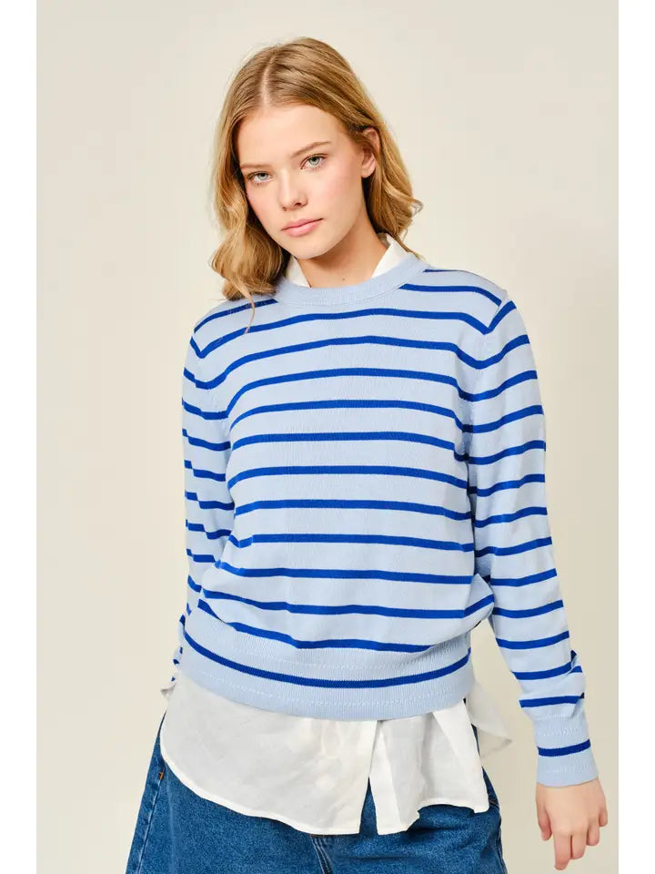 Thin Striped Pullover Sweater - Blue