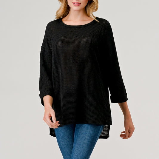 Open Knit 3/4 Length Top - Black