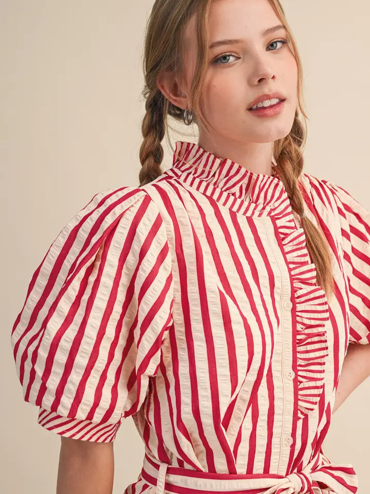 Striped Ruffled Mini Dress - Berry Red