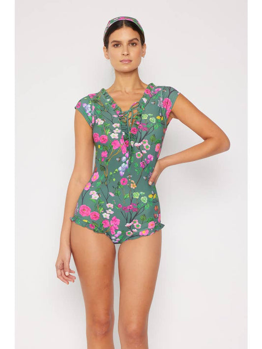 V Neck String Ruffle Swimsuit - Cherry Blossom Forest