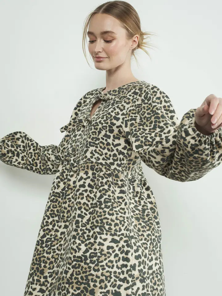 Bow Tie Babydoll Dress - Leopard