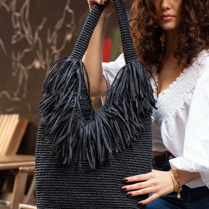 Raffia Fringe Bag - Black