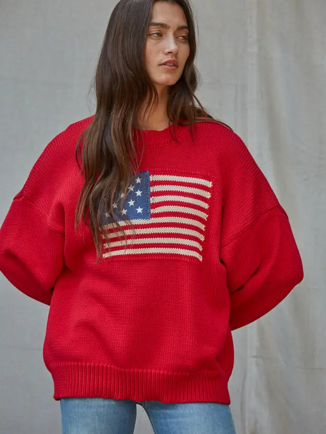 American Flag Pullover Sweater - Red