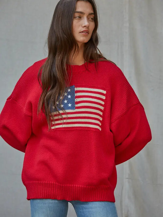 American Flag Pullover Sweater - Red
