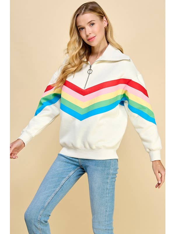 Quarter Zip Sweatshirt - Cream/Rainbow