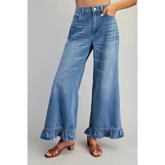 Mineral Washed Ruffle Hem Jeans - Denim