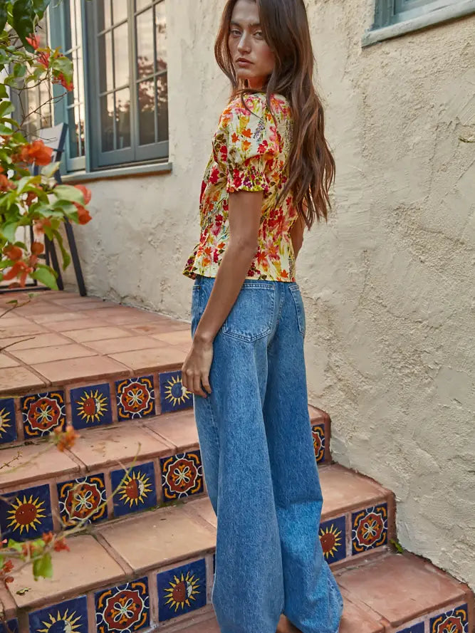 Floral Puff Sleeve Top - Yellow Multi