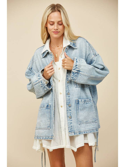 Side Tie Oversized Denim Jacket - Light