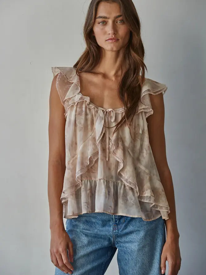 Floral Ruffle V-Neck Top - Rose Taupe