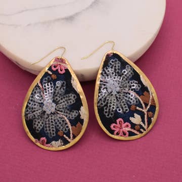 Embroidered Earrings - Black & Pink