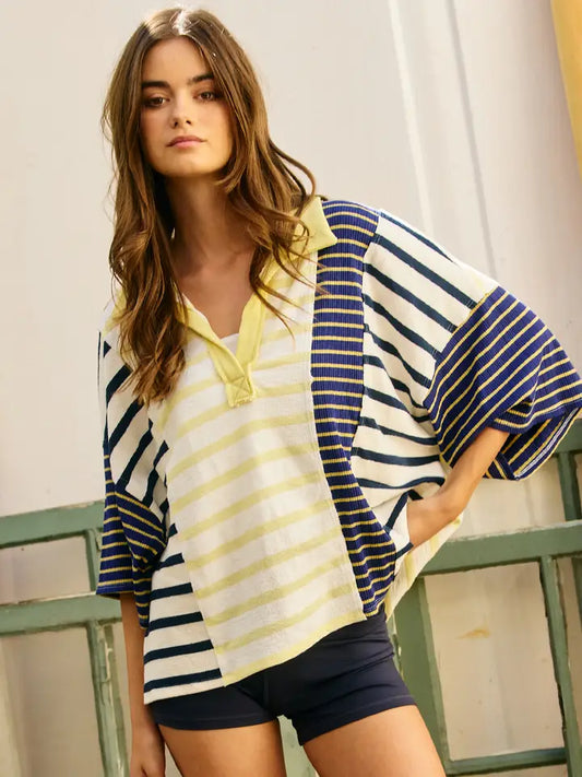 Stripe-Block Short Sleeve Top - Yellow/Navy
