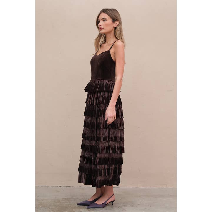 Velvet Tiered Midi Dress - Brown