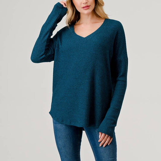 V-Neck Brushed Knit Top - Ink Blue