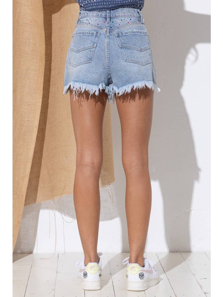 Crystal Stud Frayed Denim Short