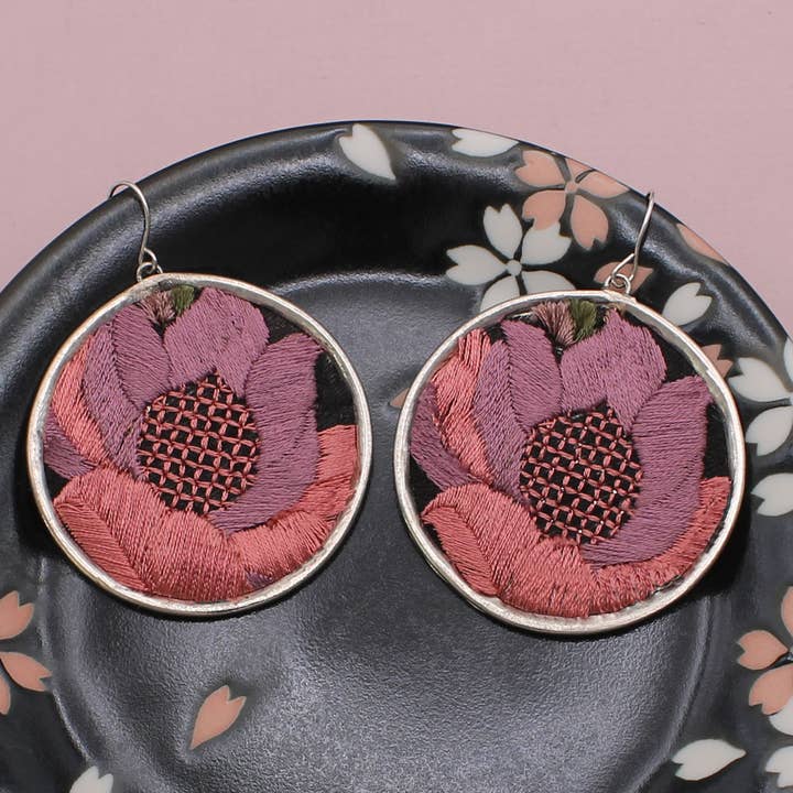 Embroidered Earrings - Pink Flower