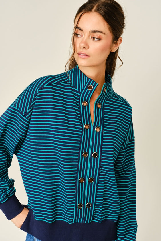 Pullover Striped Eyelet Detail Sweatshirt - Navy/Green