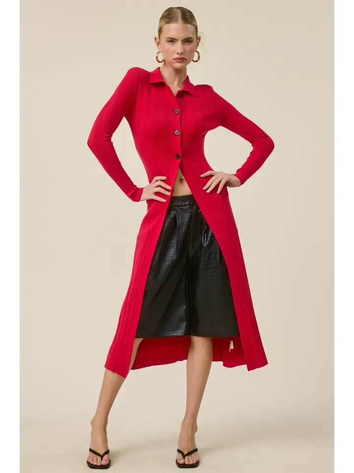 Collared Ribbed Knit Duster Cardigan - Red
