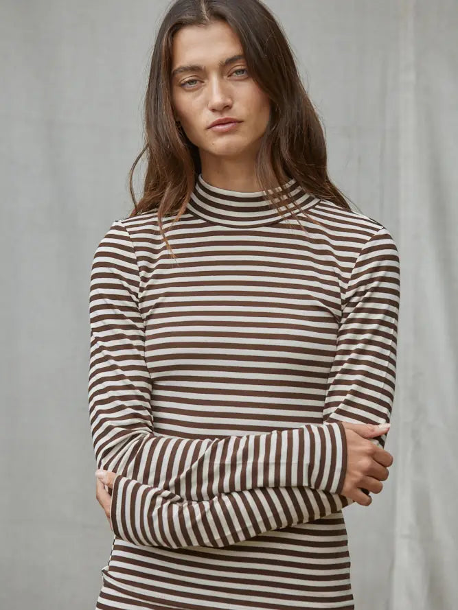 Mock Neck Striped Long Sleeve - Cream Brown