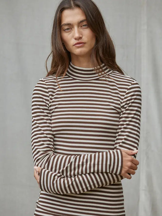 Mock Neck Striped Long Sleeve - Cream Brown