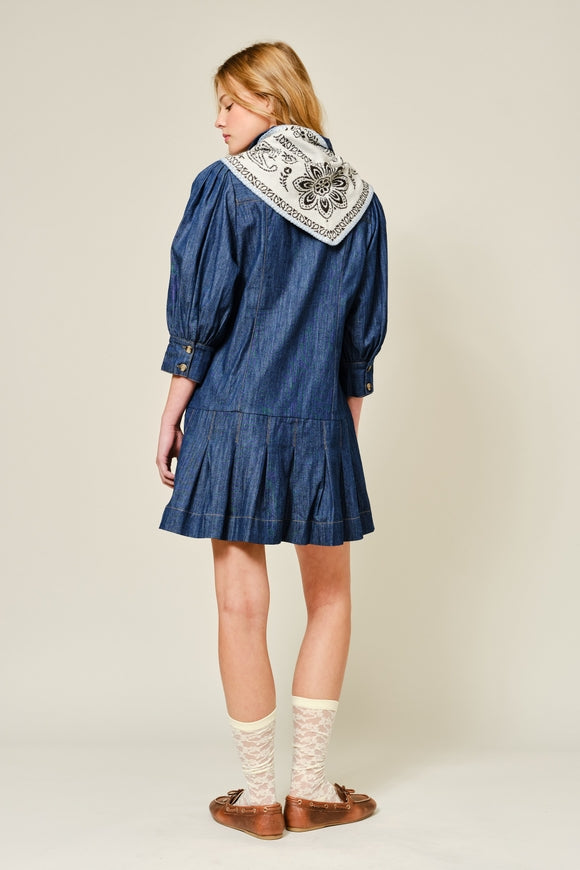 Side Corset Puff Sleeve Dress - Indigo