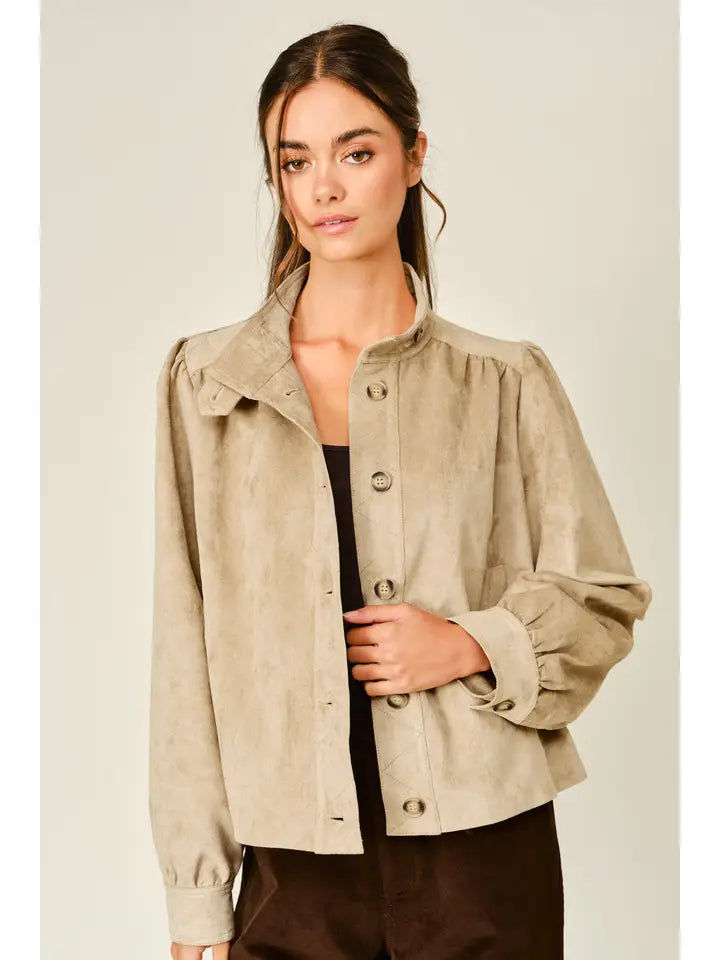 Stretch Suede Turtleneck Shirt Jacket - Tan