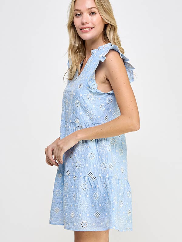 Babydoll Eyelet Mini Dress - Blue