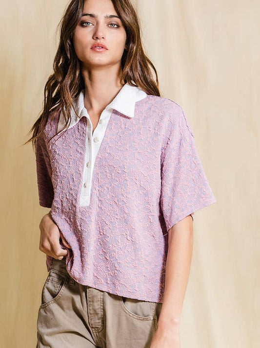 Floral Textured Crop Polo Top - Mauve