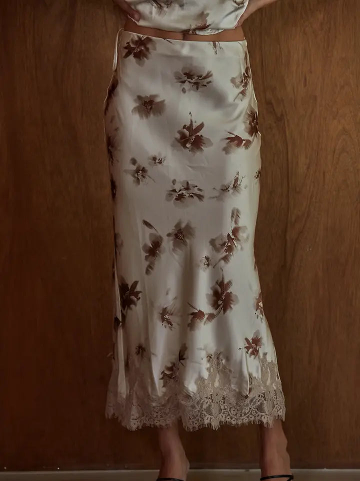 Lace Trim Floral Midi Skirt - Cream Brown