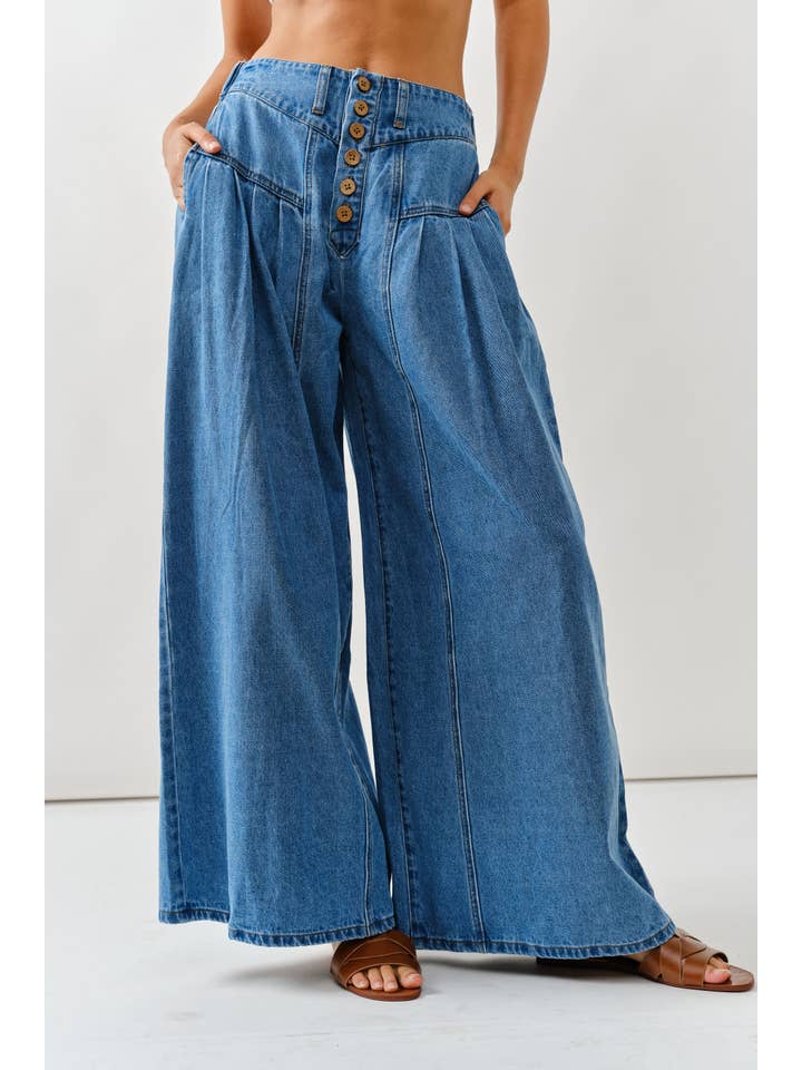 Front Button Down Flare Jeans - Medium Wash