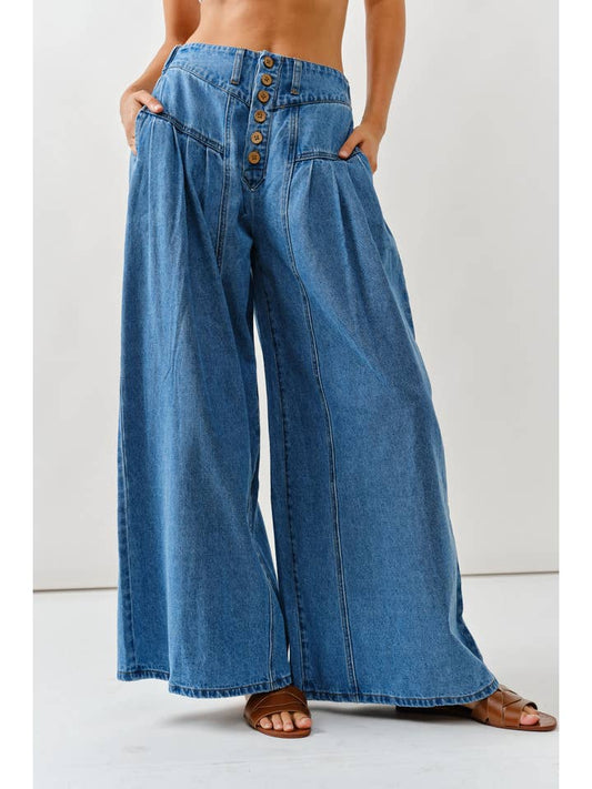 Front Button Down Flare Jeans - Medium Wash
