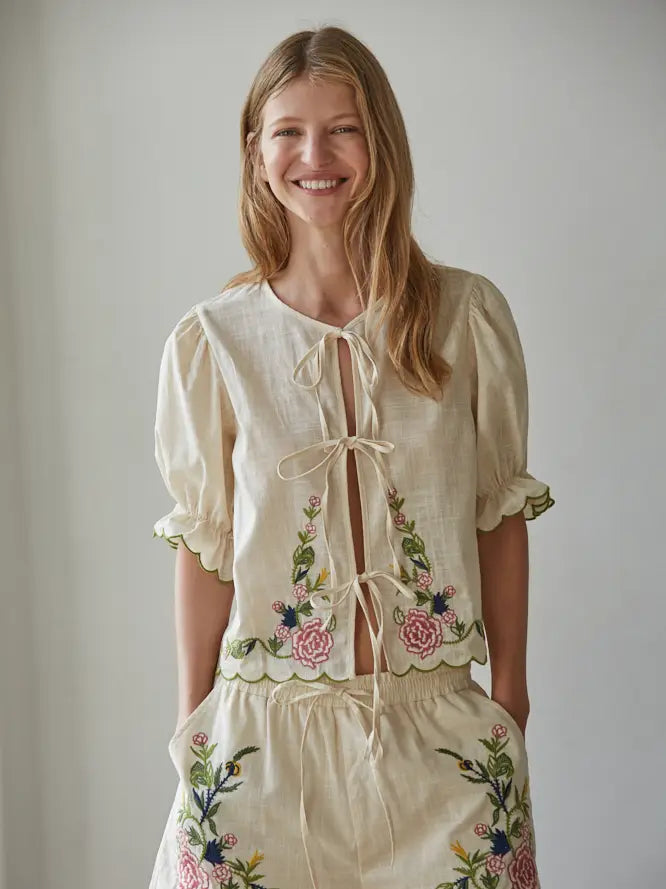 Embroidered Front Tie Top - Natural
